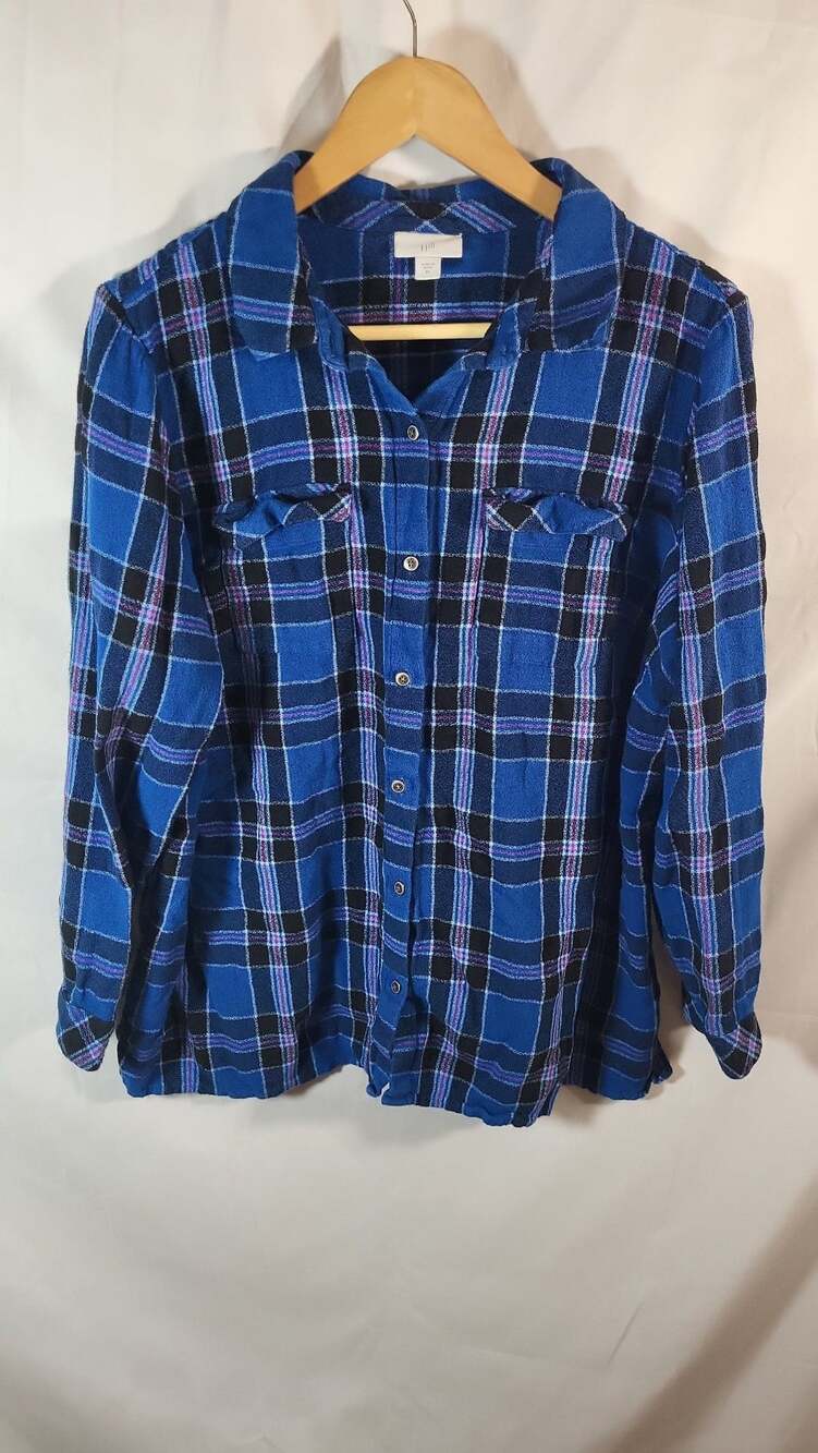 J.Jill Blue Plaid Long Sleeve Button Down Camp Shirt Plus Size 2X